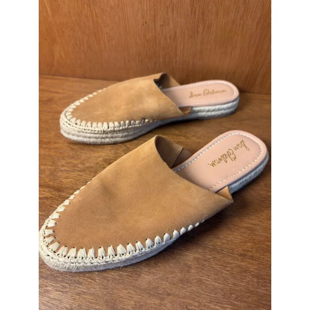 Sam Edelman Austin Camel Brown Suede Woven Espadrille Slip On Mules Size 9